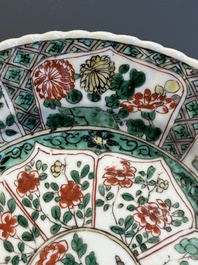 A Chinese famille rose 'Magu' plate, a famille verte plate and two Imari-style plates with floral design, Kangxi/Yongzheng
