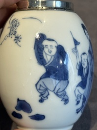 A Chinese blue and white 'Long Eliza and playing boys' tea caddy with silver mount and cover, Kangxi