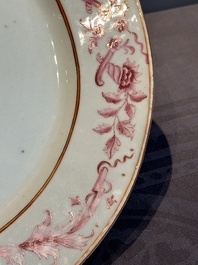 Three large oval Chinese crown-monogrammed puce-enamelled and gilt-decorated dishes, Qianlong