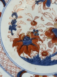 A Chinese famille rose 'Magu' plate, a famille verte plate and two Imari-style plates with floral design, Kangxi/Yongzheng