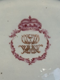 Three large oval Chinese crown-monogrammed puce-enamelled and gilt-decorated dishes, Qianlong