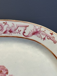 Three large oval Chinese crown-monogrammed puce-enamelled and gilt-decorated dishes, Qianlong