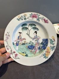 A pair of Chinese famille rose 'ladies in a garden' plates, Yongzheng
