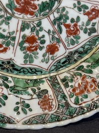 A Chinese famille rose 'Magu' plate, a famille verte plate and two Imari-style plates with floral design, Kangxi/Yongzheng