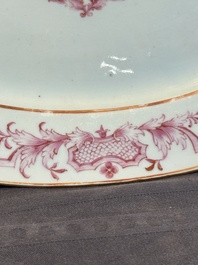 Three large oval Chinese crown-monogrammed puce-enamelled and gilt-decorated dishes, Qianlong