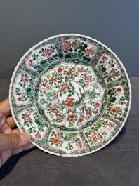 A Chinese famille rose 'Magu' plate, a famille verte plate and two Imari-style plates with floral design, Kangxi/Yongzheng
