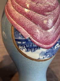 A rare Chinese blue, white and famille rose vase with landscape design, Guangxu mark, dated 1908