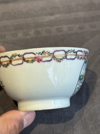 A Chinese famille rose 'Les Plaisirs du Printemps' cup and saucer, Qianlong