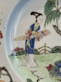 A pair of Chinese famille rose 'ladies in a garden' plates, Yongzheng