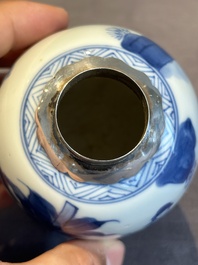 A Chinese blue and white silver-mounted 'Long Eliza' tea caddy and cover, Kangxi