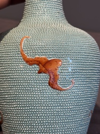 A Chinese iron-red-decorated turquoise-ground bottle vase with bats, Qianlong mark, 20th C.