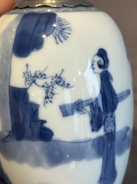 A Chinese blue and white silver-mounted 'Long Eliza' tea caddy and cover, Kangxi