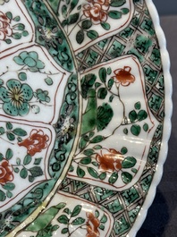 A Chinese famille rose 'Magu' plate, a famille verte plate and two Imari-style plates with floral design, Kangxi/Yongzheng