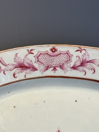 Three large oval Chinese crown-monogrammed puce-enamelled and gilt-decorated dishes, Qianlong