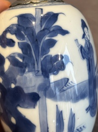 A Chinese blue and white silver-mounted 'Long Eliza' tea caddy and cover, Kangxi