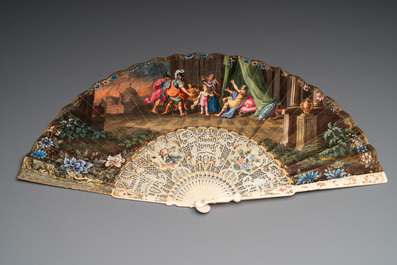 Three folding fans, water colour on paper and bone, France, 18th C.