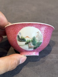 A pair of Chinese puce-sgraffito-ground 'landscape' bowls, Qianlong mark, Republic
