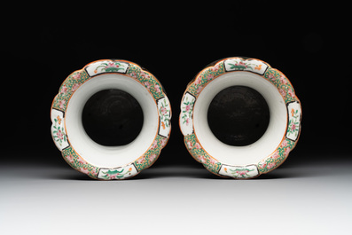 A Chinese famille verte 'mythical animal' vase and two Canton famille rose vases, 19th C.