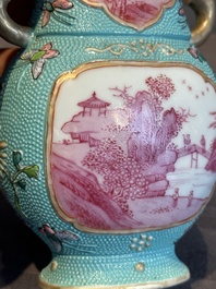 A Chinese famille rose puce-enamelled turquoise-ground 'hu' vase, Republic