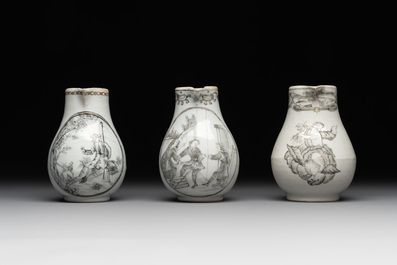 Three various Chinese gilt-decorated grisaille 'European subject' milk jugs, Qianlong