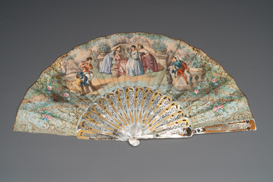 Two folding fans, watercolour on paper and mother-of-pearl, France, 19th C.