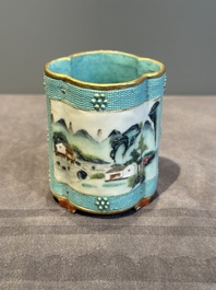 A small Chinese famille rose turquoise-ground brush pot, Qianlong mark, 19th C.