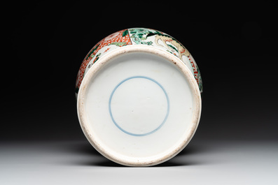 A Chinese famille verte 'mythical animal' vase and two Canton famille rose vases, 19th C.