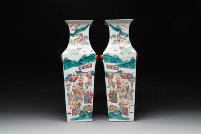 A pair of square Chinese famille rose vases with narrative design, 19th C.