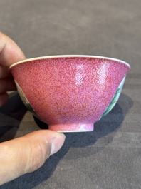 A pair of Chinese puce-sgraffito-ground 'landscape' bowls, Qianlong mark, Republic