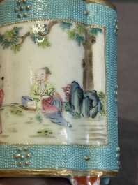 A small Chinese famille rose turquoise-ground brush pot, Qianlong mark, 19th C.