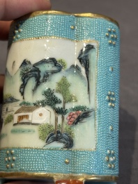 A small Chinese famille rose turquoise-ground brush pot, Qianlong mark, 19th C.