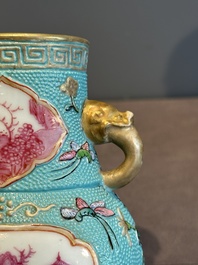 A Chinese famille rose puce-enamelled turquoise-ground 'hu' vase, Republic