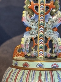 A rare Chinese famille rose Buddhist emblem altar ornament, Qianlong mark and of the period