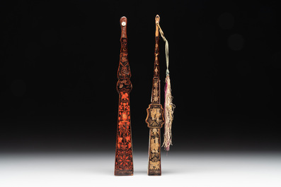Two Chinese Canton gilt-lacquered and painted paper fans, one with original box, 19th C.
