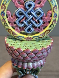 A rare Chinese famille rose Buddhist emblem altar ornament, Qianlong mark and of the period