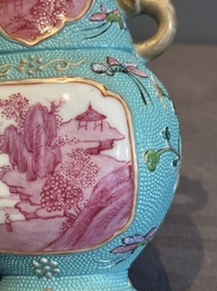 A Chinese famille rose puce-enamelled turquoise-ground 'hu' vase, Republic