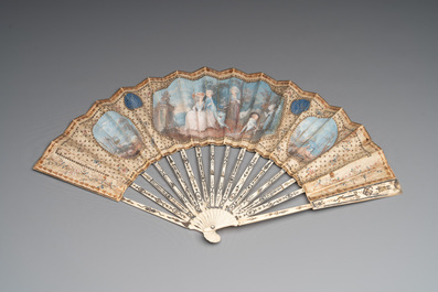 Three folding fans, water colour on paper and bone, France, 18th C.