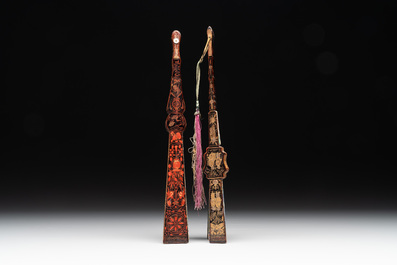 Two Chinese Canton gilt-lacquered and painted paper fans, one with original box, 19th C.
