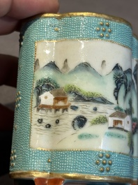 A small Chinese famille rose turquoise-ground brush pot, Qianlong mark, 19th C.