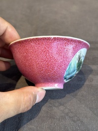 A pair of Chinese puce-sgraffito-ground 'landscape' bowls, Qianlong mark, Republic