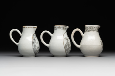 Three various Chinese gilt-decorated grisaille 'European subject' milk jugs, Qianlong