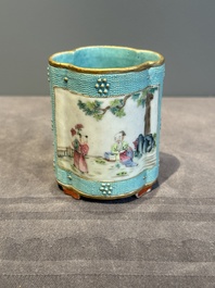 A small Chinese famille rose turquoise-ground brush pot, Qianlong mark, 19th C.