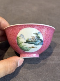 A pair of Chinese puce-sgraffito-ground 'landscape' bowls, Qianlong mark, Republic