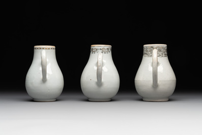 Three various Chinese gilt-decorated grisaille 'European subject' milk jugs, Qianlong