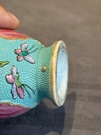 A Chinese famille rose puce-enamelled turquoise-ground 'hu' vase, Republic