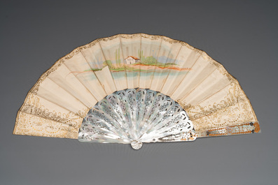 Two folding fans, watercolour on paper and mother-of-pearl, France, 19th C.