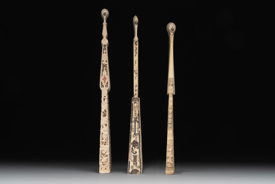 Three folding fans, water colour on paper and bone, France, 18th C.