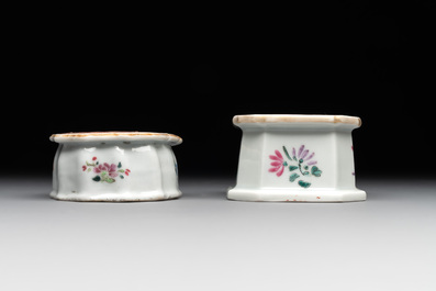 A collection of five Chinese blue and white, famille rose and Imari-style salts, Kangxi/Qianlong