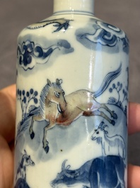 A large Chinese blue, white and copper-red 'zodiac' snuff bottle, squirrel mark, 19th C.