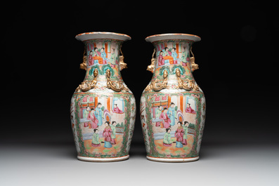 A Chinese famille verte 'mythical animal' vase and two Canton famille rose vases, 19th C.